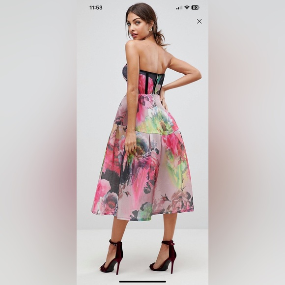 ASOS Bonded Mesh Bandeau Floral Midi Prom Dress NWT - Picture 4 of 9